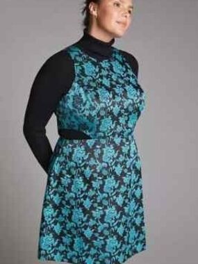 Anthropologie Black & Teal jacquard A-Line Women's Dress With Cut Outs
